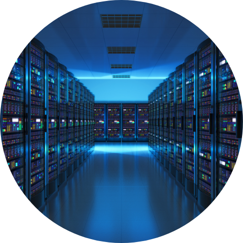 View down the aisle of a computerized data storage room with a blue glow from the lighting